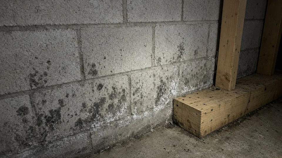 Basement wall with visible growth and water staining near the floor