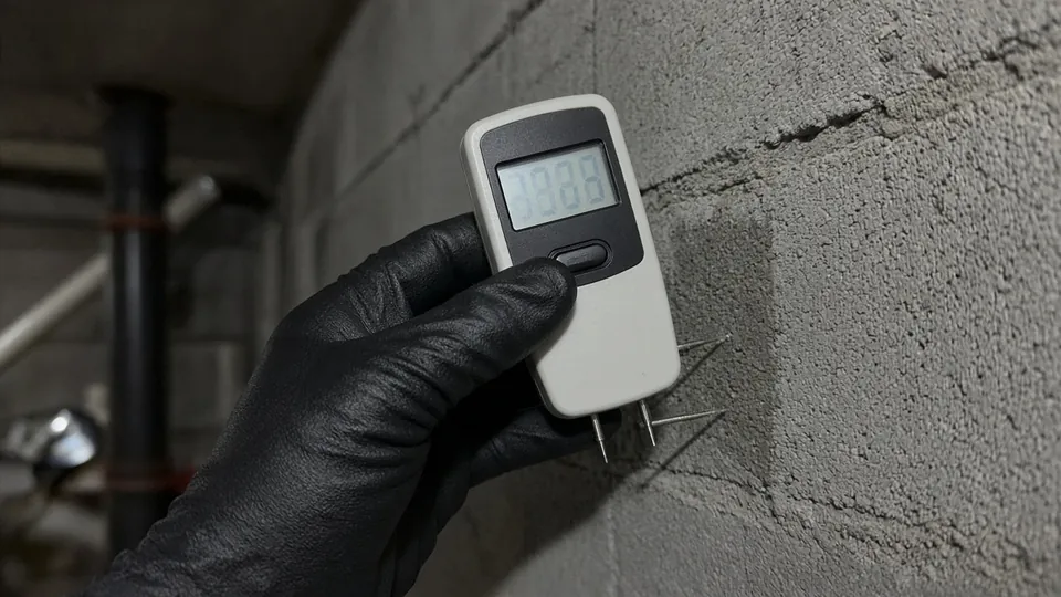 Gloved hand holding a moisture meter against a basement block wall
