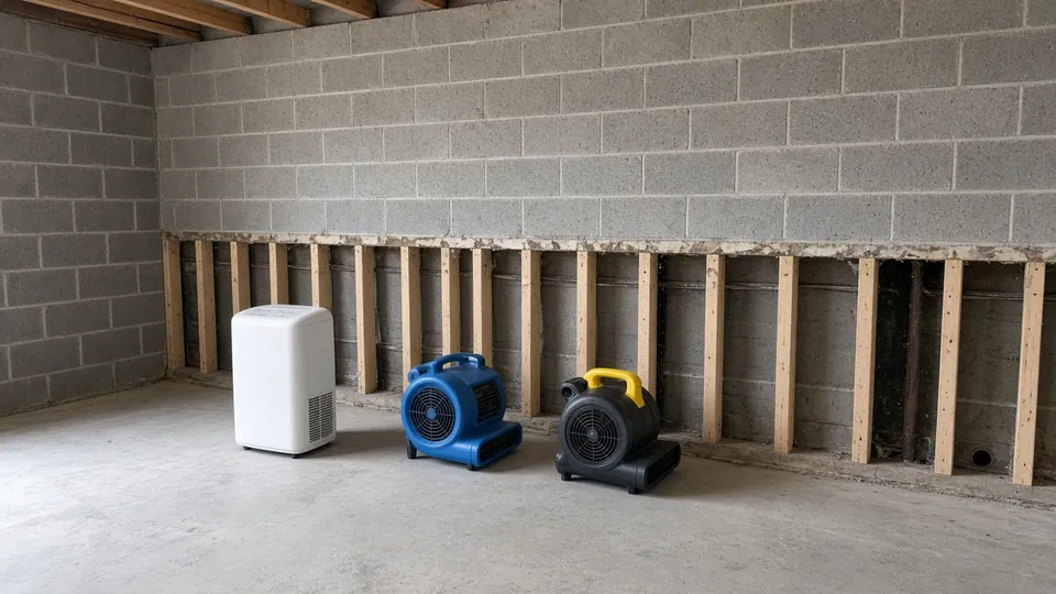 Clean, dry unfinished basement with a dehumidifier running